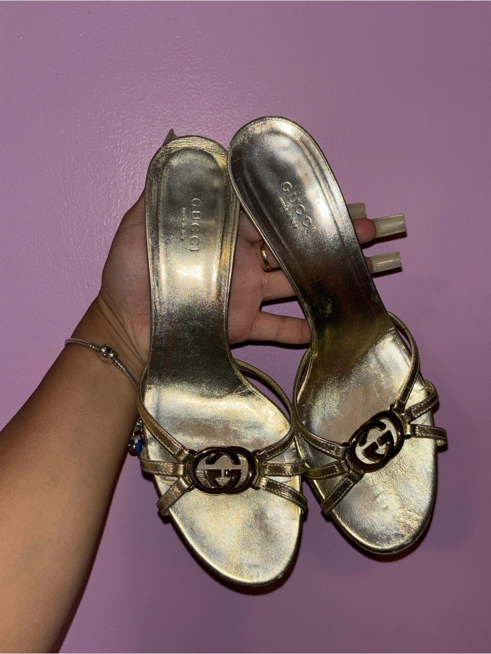 Gucci Metallic Gold Leather Slip-On Mules with Double G - Picture 2 of 6